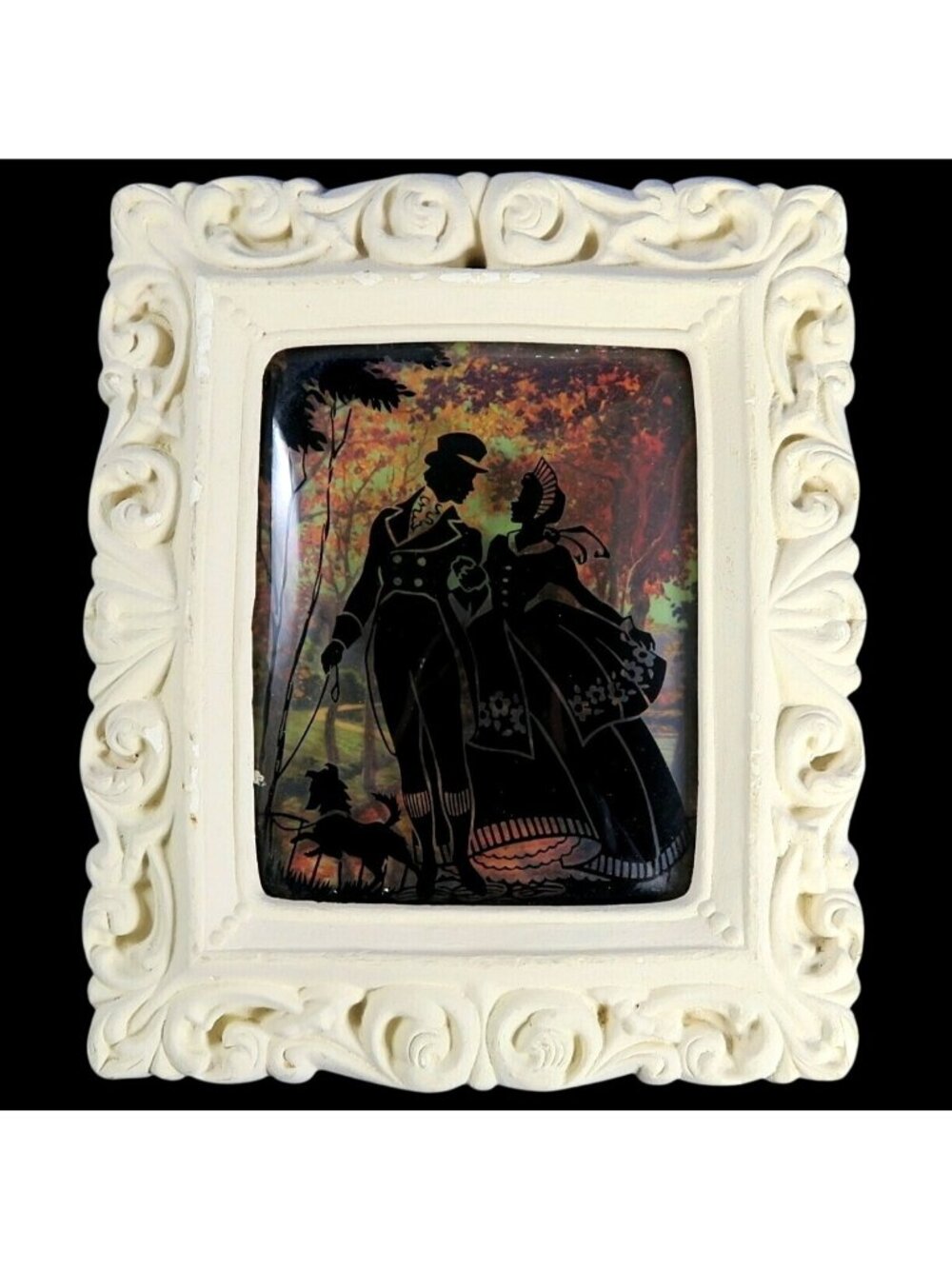 1930s Reverse Painted Silhouette on Bubble Glass, Couple with Dog, Plaster Frame